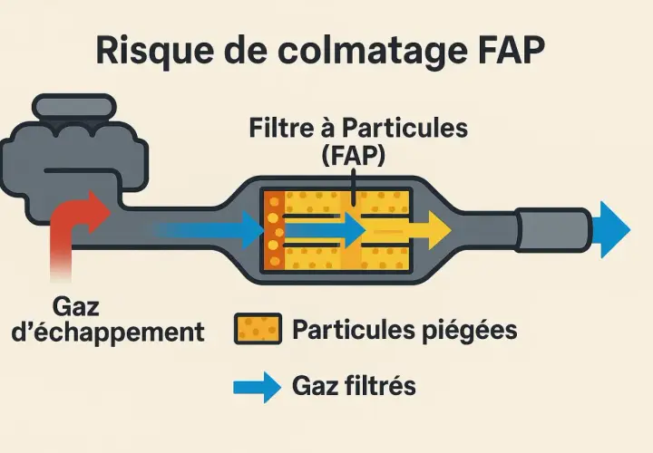 Schéma montrant le risque de colmatage du filtre à particules (FAP) : les gaz d'échappement entrent, les particules sont piégées, et les gaz filtrés sortent.
