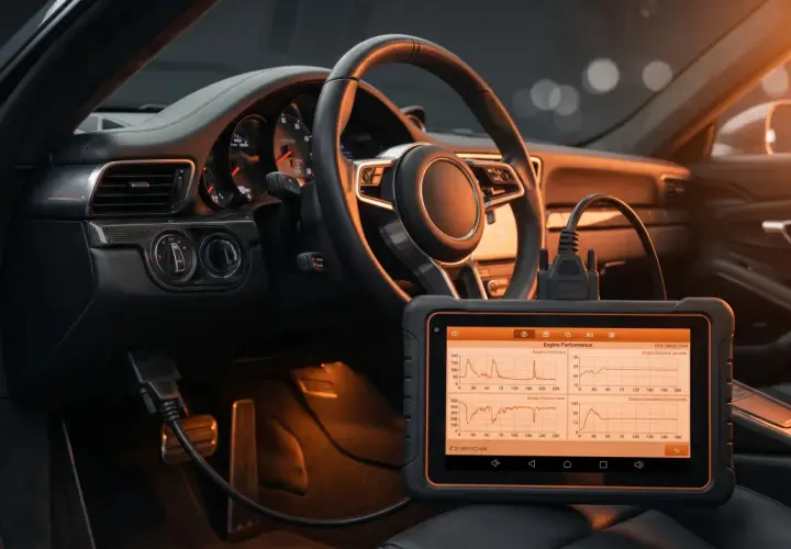 Diagnostic auto dans une voiture de luxe. L'appareil affiche des graphiques de performance moteur, utile pour connaître le prix valise voiture.