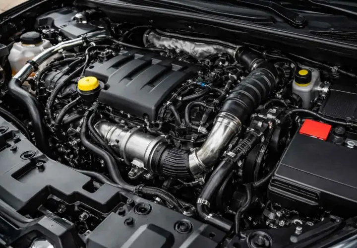 Gros plan sur un moteur TSI moderne, avec ses composants complexes et son design épuré.