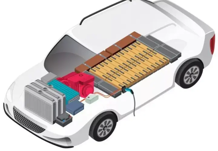 Vue éclatée d'une voiture électrique montrant le bloc de batterie, le moteur et le radiateur. La batterie voiture electrique est le cœur de ce véhicule propre.