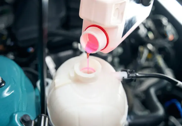 Remplissage du réservoir d'expansion avec du liquide de refroidissement OAT rose pour assurer le bon fonctionnement du moteur.