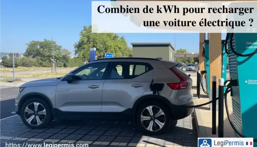 Une voiture électrique grise est branchée à une borne de recharge. La question "Combien de kWh pour recharger une voiture électrique ?" est affichée.