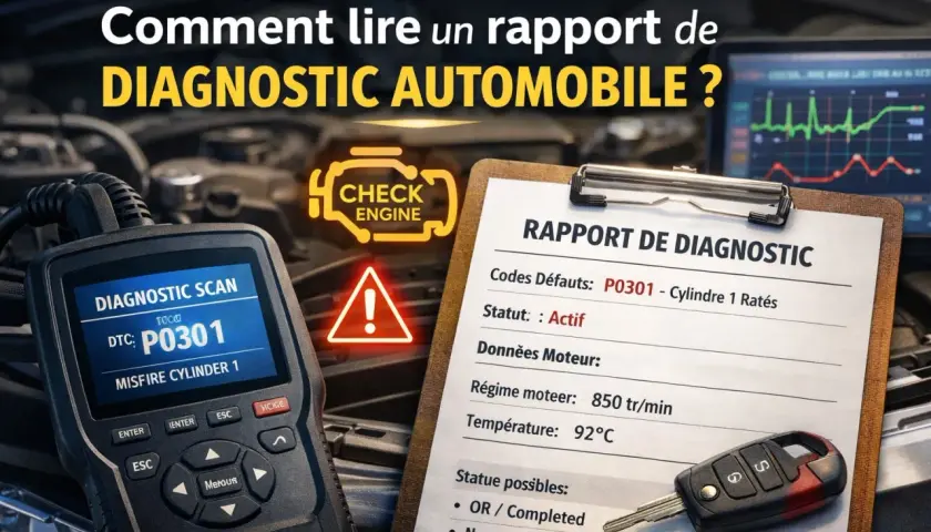 Un rapport de diagnostic automobile affiche un code d'erreur P0301. L'outil de diagnostic et une clé de voiture sont visibles, prêts à aider à passer la valise voiture.
