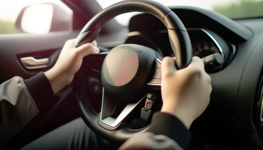 Mains au volant, prêt à conduire. Si vous vous demandez comment débloquer un volant sans clé, cette image montre le tableau de bord d'une voiture moderne.