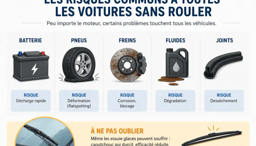 Risques des voitures sans rouler : batterie, pneus à plat, freins rouillés, fluides dégradés, joints secs. Combien de temps une voiture peut rester sans rouler ?