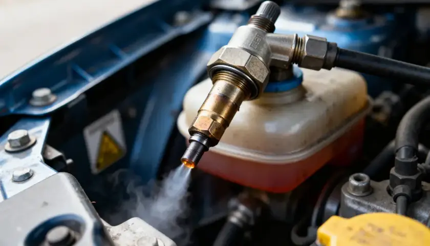 Un injecteur qui claque à froid, émettant une fine vapeur. Le système d'injection de carburant est visible dans le compartiment moteur d'une voiture.
