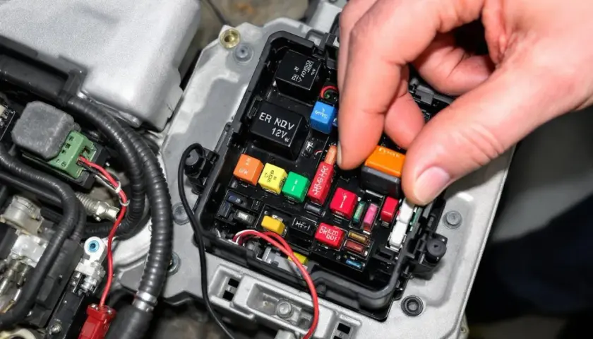 Main de personne retirant un fusible orange d'une boîte à fusibles de voiture. Cela fait partie de la procédure pour comment tester un relais de voiture.