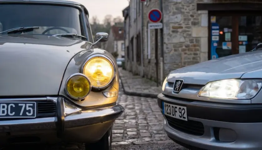 Deux voitures, une ancienne et une moderne, se font face dans une rue pavée de France. Les phares blancs de la Peugeot éclairent la scène, contrastant avec les phares jaunes de la Citroën.