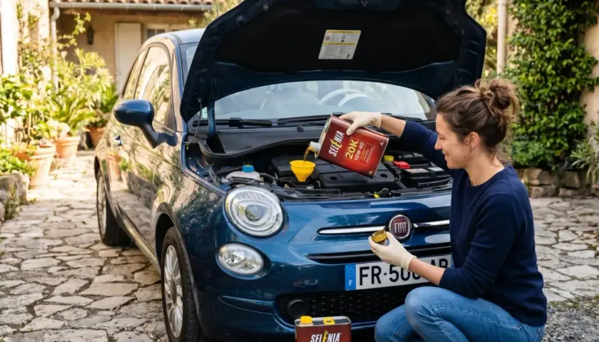 Une femme effectue la vidange d'une Fiat 500, versant de l'huile Selenia 20K dans le moteur.