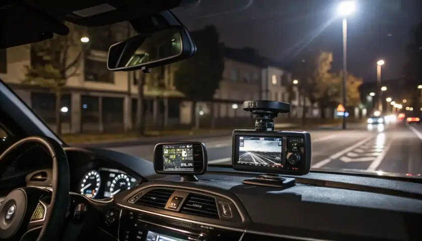 Vue de nuit depuis l'intérieur d'une voiture, avec deux appareils sur le tableau de bord : un GPS et un dispositif réfléchissant pour voiture, probablement une dashcam.