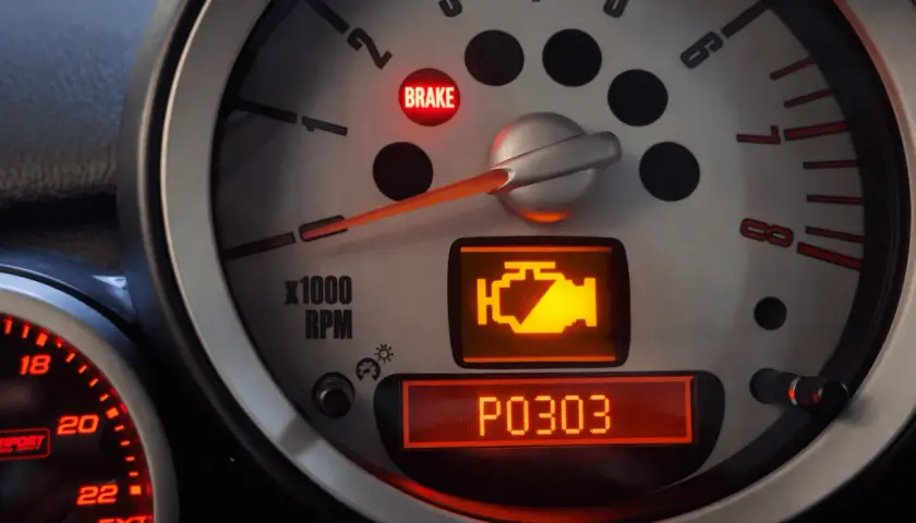 Voyant moteur allumé sur un tableau de bord, indiquant un problème P0303. Le voyant "BRAKE" est aussi allumé.