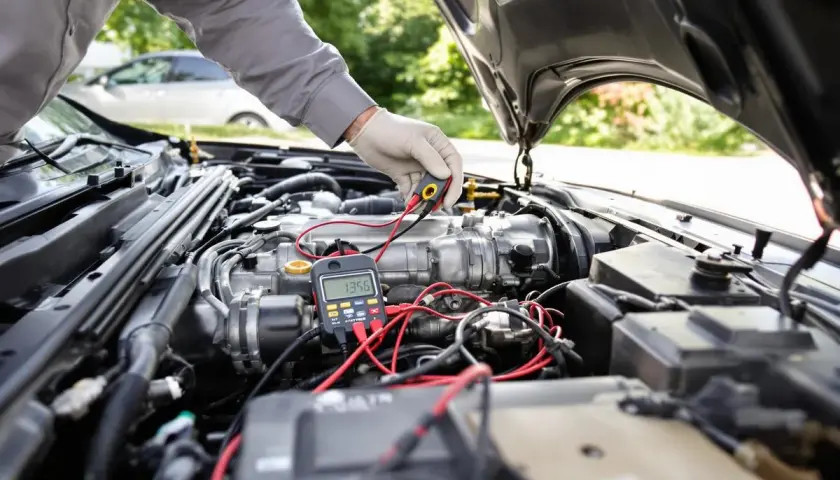 Mécanicien vérifiant le moteur d'une voiture avec un multimètre, diagnostiquant un possible problème démarreur voiture.