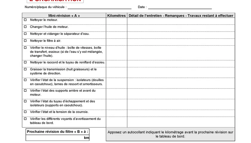 Modèle fiche suivi entretien véhicule : liste des vérifications pour la mini-révision "A", avec champs pour kilométrage et détails.