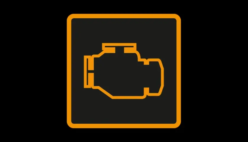 Icône orange d'un moteur stylisé sur fond noir. Ce symbole indique pourquoi le voyant moteur s'allume, signalant un problème potentiel.