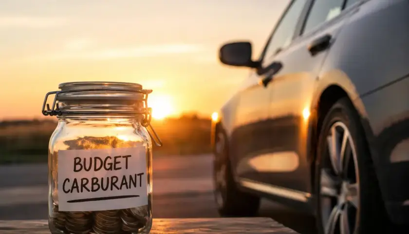 Bocal rempli de pièces, étiquette "Budget Carburant", à côté d'une voiture au coucher du soleil. Idéal pour économiser sur le tarif entretien GPL.