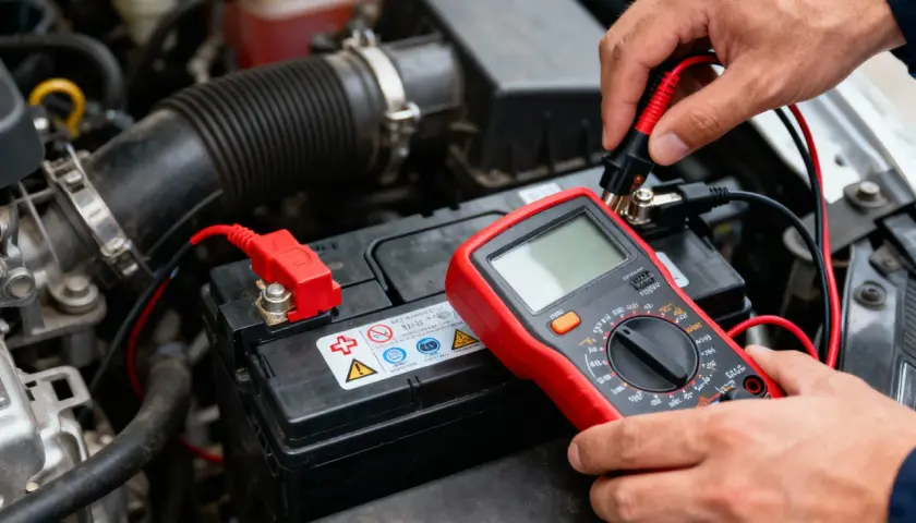 Main tenant une pince multimètre rouge pour comment tester l'ampérage d'une batterie de voiture.
