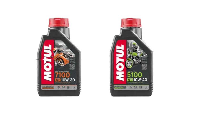 Huile Motul 10W40 essence pour moto 4 temps. Le 5100 est idéal pour la route et le tout-terrain.