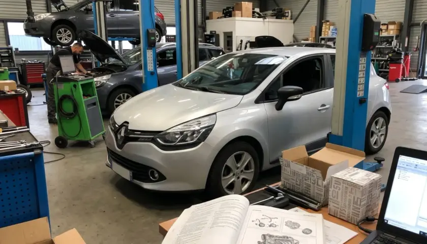 Dans un garage, un mécanicien travaille sur la distribution d'une Clio 4 argentée. Une autre voiture est levée sur un pont.