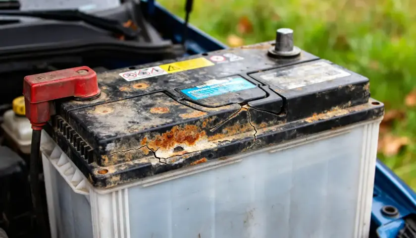 Batterie de voiture rouillée et fissurée, signe d'une durée de vie batterie voiture réduite.
