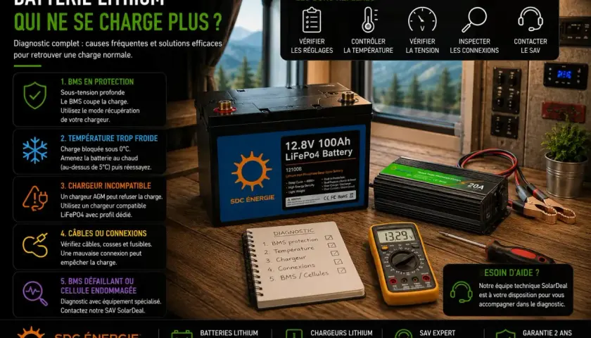 Ma batterie ne charge plus ? Diagnostic des causes courantes : BMS, température, chargeur, connexions ou cellule endommagée. Solutions et aide SAV.