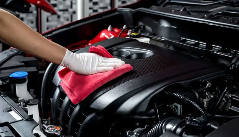 Main d'une personne portant un gant blanc, nettoyant le moteur d'une voiture avec un chiffon rouge.