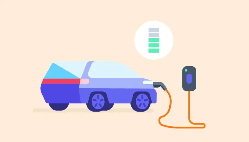 Voiture électrique branchée à une borne de recharge, avec un indicateur de niveau de charge des batteries.
