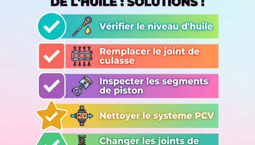 Checklist pour un moteur qui crache de l'huile : vérifier le niveau, remplacer le joint de culasse, inspecter les segments, nettoyer le système PCV, changer les joints de soupape.