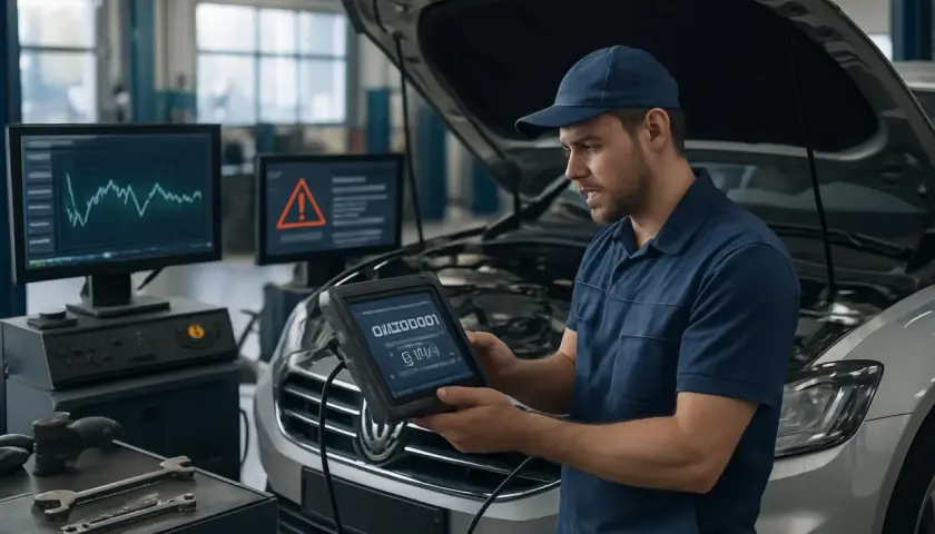 Mécanicien utilisant une tablette pour diagnostiquer une voiture. L'écran affiche des données et un symbole d'alerte, suggérant comment décrasser une voiture.