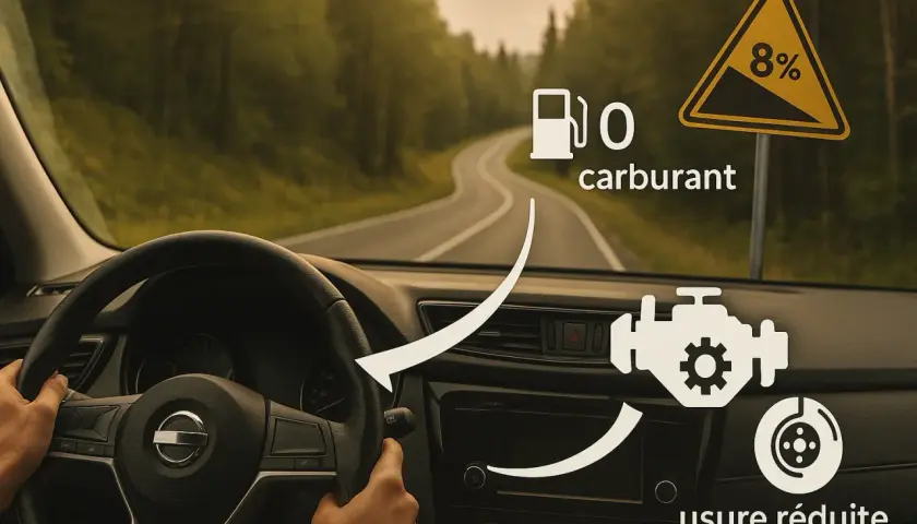 Conduite sur route sinueuse avec panneau de pente. Le frein moteur permet d'économiser le carburant et réduit l'usure des freins.