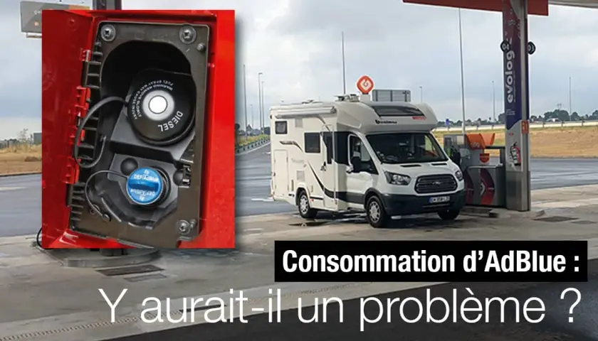 Un camping-car à une station-service, avec un gros plan sur le bouchon de remplissage d'AdBlue. La consommation d'AdBlue est-elle un problème ?