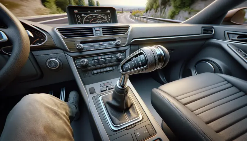 Vue de l'intérieur d'une voiture, le levier de vitesse est en position P, suggérant que le conducteur est sur le point de rouler avec le frein à main.