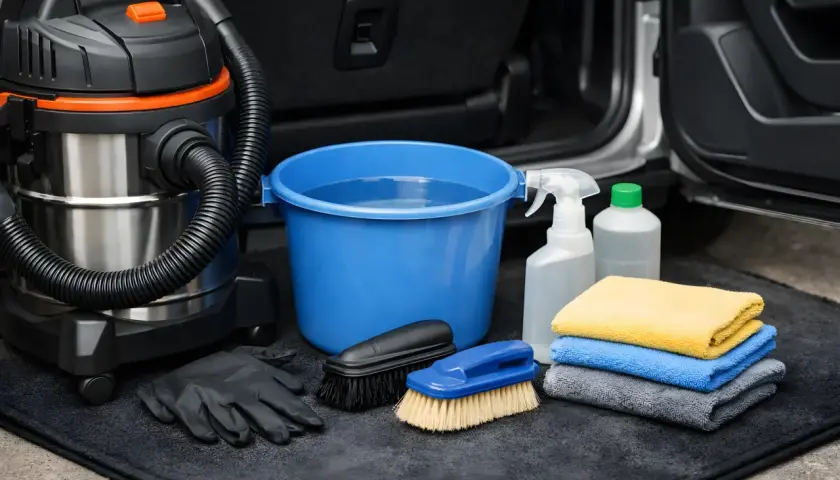 Kit pour nettoyer moquette voiture : aspirateur, seau d'eau, brosses, gants, spray et serviettes microfibres.