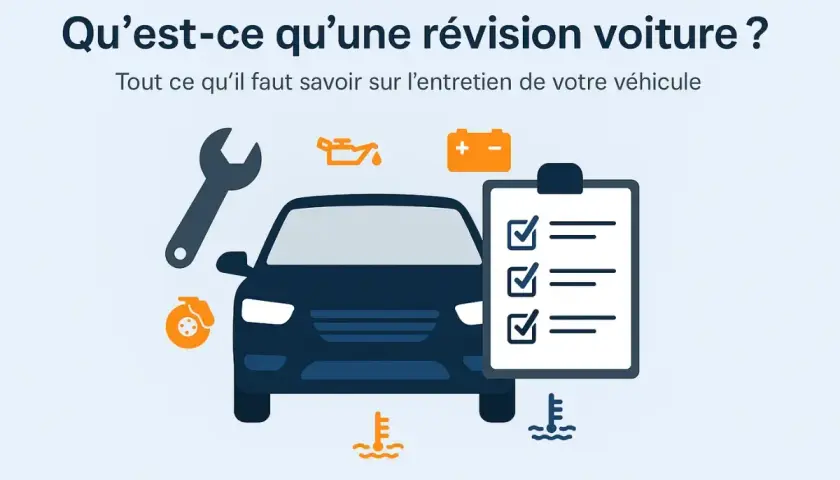 Illustration d'une voiture avec des icônes symbolisant l'entretien : clé, huile, batterie, freins, thermomètres. Une liste de contrôle est visible, rappelant l'importance de l'entretien voiture obligatoire.