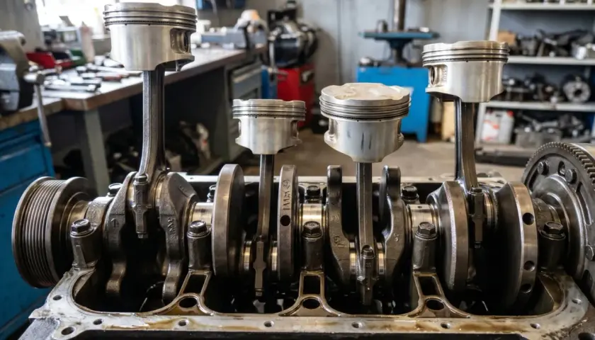 Un moteur démonté, avec ses pistons et bielles prêts à être installés dans le cylindre bloc. L'atelier mécanique est visible en arrière-plan.