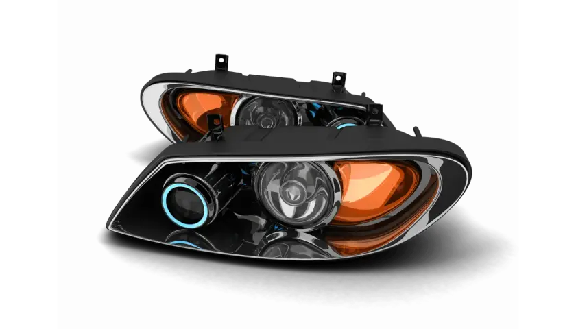 Paire de phares de voiture modernes avec anneaux lumineux bleus et réflecteurs orange. Idéal pour le remplacement phare prix.