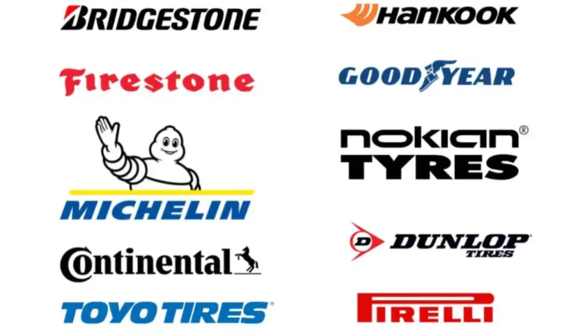 Logos de marques de pneus : Bridgestone, Firestone, Michelin, Continental, Toyo Tires, Hankook, Goodyear, Nokian Tyres, Dunlop, Pirelli. Un classement des marques de pneus.
