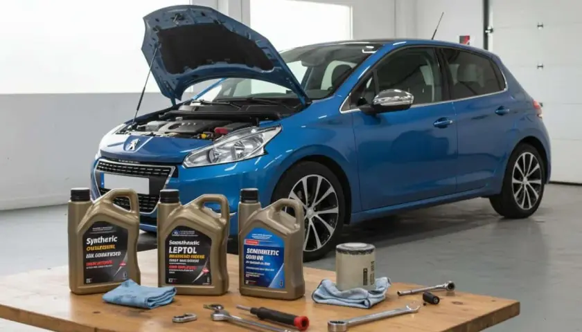 Huile moteur pour 1.6 HDI 90 : bidons, filtre et outils sur table devant une voiture bleue capot ouvert.
