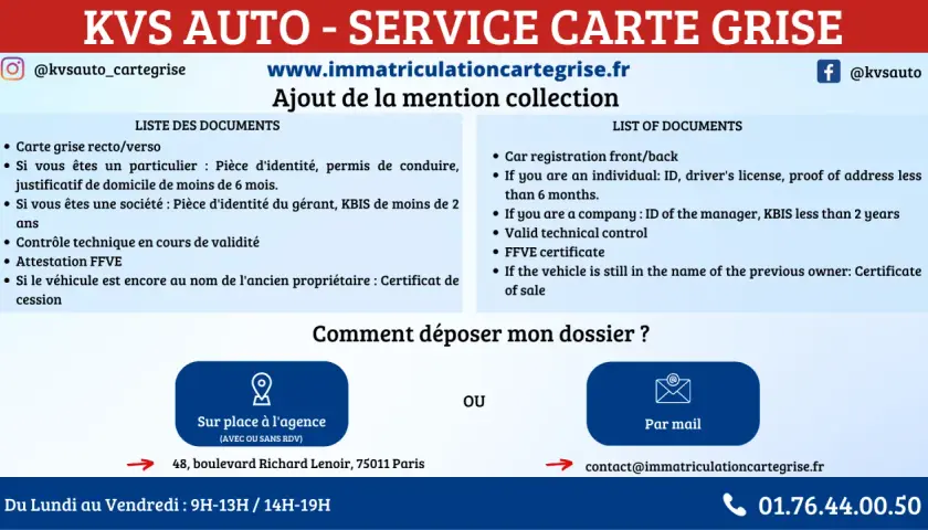 KVS AUTO vous aide pour votre carte grise collection. Documents requis pour l'ajout de la mention collection.