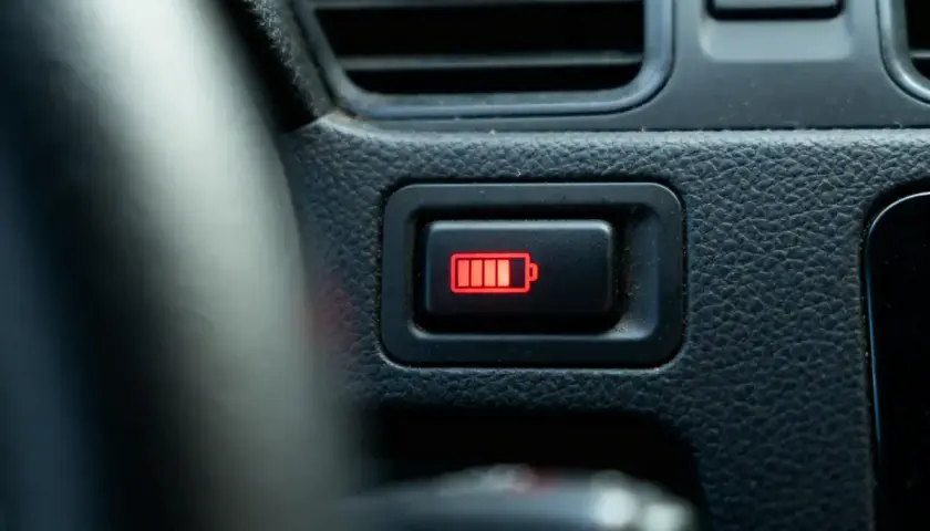 Voyant batterie rouge allumé sur le tableau de bord, indiquant un niveau de charge faible.