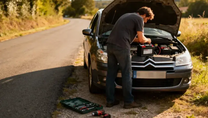 Un homme tente de démarrer sa voiture qui a du mal à démarrer diesel, en manipulant la batterie sur le bord d'une route de campagne.