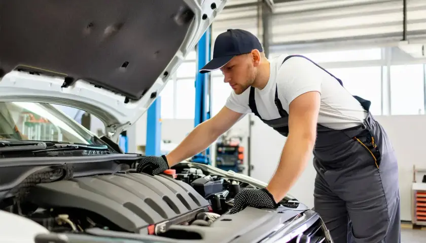 Mécanicien vérifiant le moteur d'une BMW Série 1. Il est temps de vérifier où mettre le liquide de refroidissement.