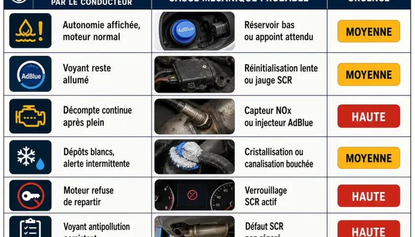 Tableau des symptômes liés à l'AdBlue : une fuite injecteur AdBlue peut causer des dépôts blancs ou un voyant antipollution persistant. Urgence haute.