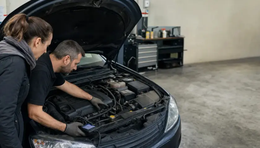 Mécanicien et cliente examinant le moteur d'une voiture, craignant de rouler sans liquide de refroidissement.