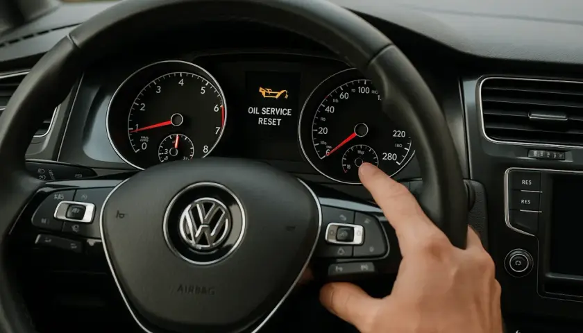 Tableau de bord d'une Golf 7 avec le message "OIL SERVICE RESET" affiché. Une main appuie sur un bouton pour la vidange.