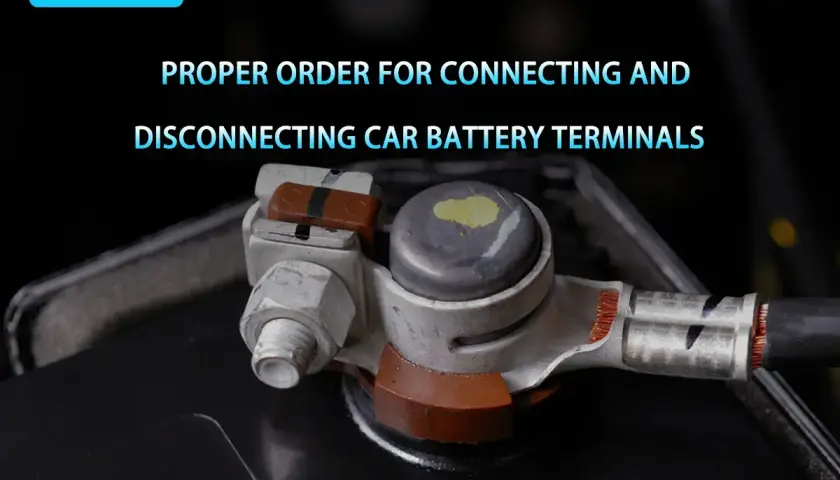 Gros plan sur le branchement batterie voiture, montrant les terminaux et les câbles. L'image illustre l'ordre correct pour connecter et déconnecter les bornes.