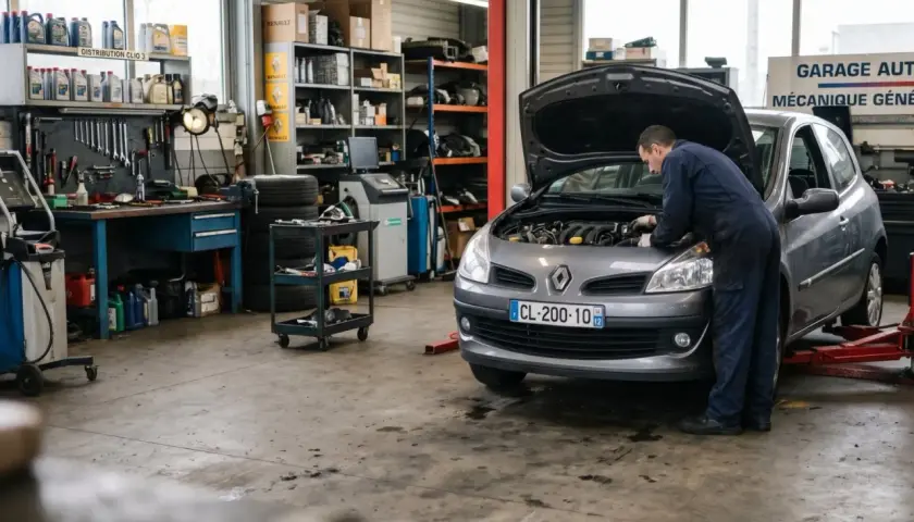 Mécanicien travaillant sur une Clio 3 dans un garage. Le capot est ouvert, révélant le moteur. Des outils et des pièces sont visibles sur les étagères.