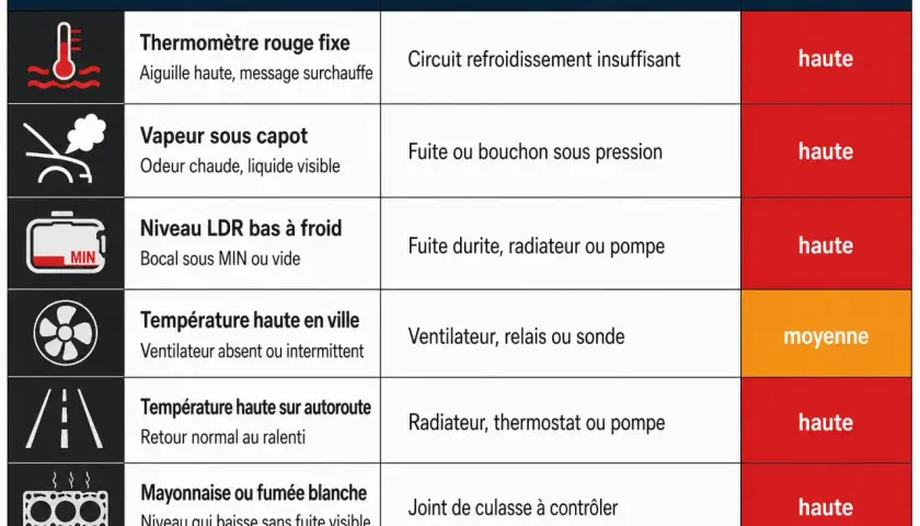 Tableau des symptômes de surchauffe moteur : thermomètre rouge, vapeur, niveau bas, ventilateur, mayonnaise/fumée blanche. Causes et urgence indiquées.