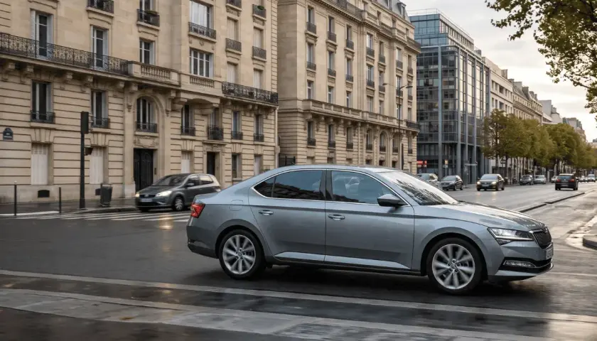 Une voiture grise circule dans une rue parisienne bordée d'immeubles haussmanniens. Une question se pose : c'est quoi ZFE ?