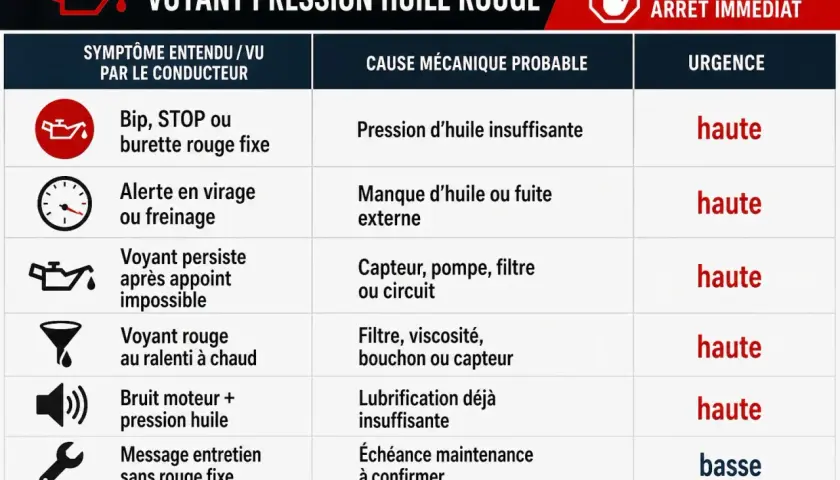 Tableau expliquant les causes et urgences du voyant **huile moteur rouge** : bip, alerte en virage, bruit moteur, etc. Urgence haute ou basse.