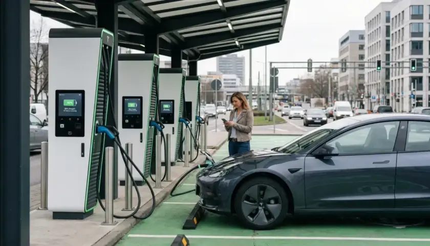 Une femme utilise son téléphone pendant que sa voiture électrique se recharge à une borne publique. Une solution pratique pour comment recharger une voiture électrique sans garage.